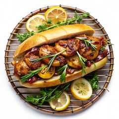 Sandwich grilled chicken with vegetables and salad on a Steel griddle for grilling food