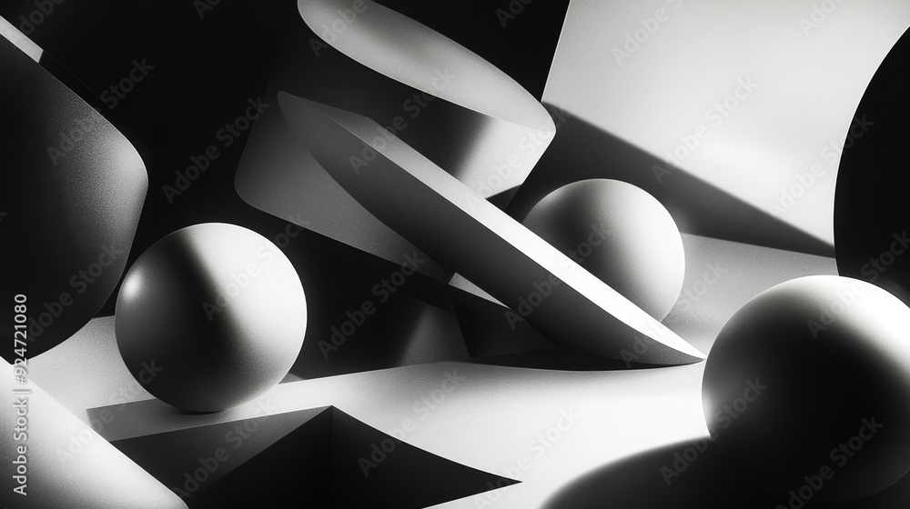 Poster a monochromatic composition featuring various geometric shapes in a dynamic arrangement.
