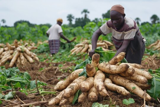 Farmers harvesting cassava roots in a sunny field, showcasing teamwork and dedication. The lush rural setting captures the essence of farming in nigeria