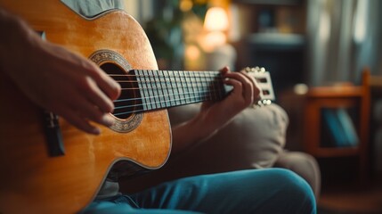 Fototapeta premium Close-up of a Person Playing an Acoustic Guitar