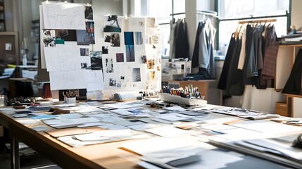 Fashion Design Studio with Mood Boards Fabric Swatches and Sketches of New Collections
