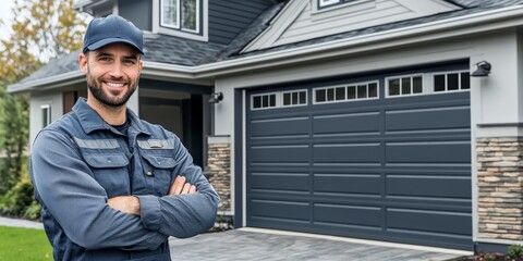 Garage Door Installation And Repair At Home. Contractor Man, Generative AI