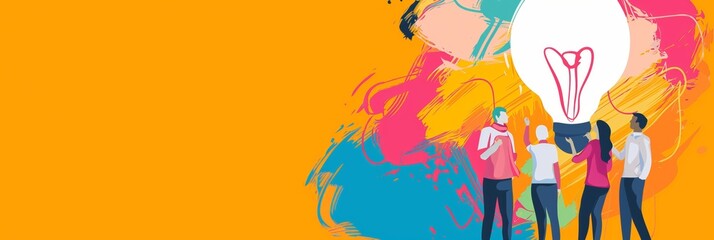 An abstract digital artwork depicting colorful scenes of people working together holding a lightbulb, representing teamwork and creativity.