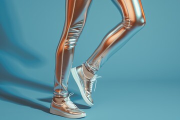 A woman in shiny pants is walking on a background