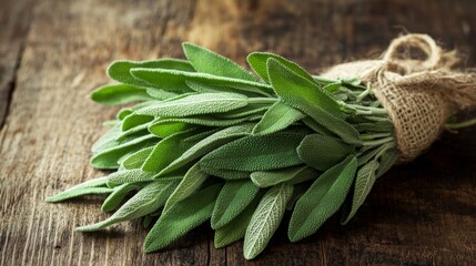 A bundle of fresh sage leaves tied with rustic twine, placed on a wooden surface, evoking the essence of natural healing, traditional herbal remedies, and culinary uses in cooking.