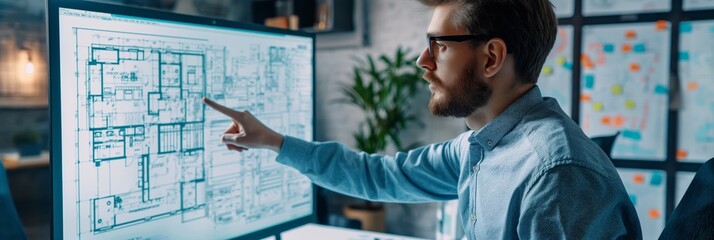 An architect points at a digital blueprint layout displayed on a large monitor, indicating various structural elements and features.