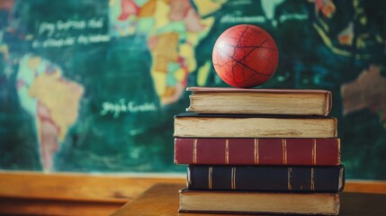 A stack of books with a red globe on top, placed in front of a classroom chalkboard featuring a colorful world map, symbolizing worldwide education and exploration.