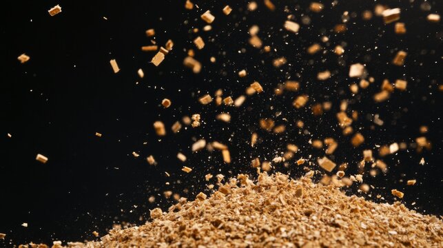 A captivating scene of golden particles suspended in mid-air against a black background, showcasing motion, dispersion, and the ephemeral beauty in a dramatic display.