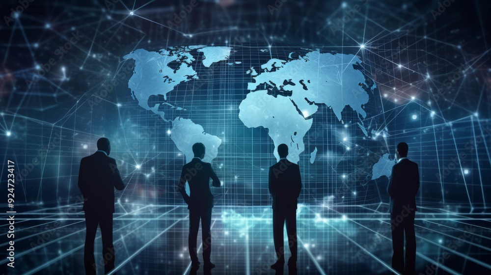 Poster a group of men are standing in front of a large map of the world
