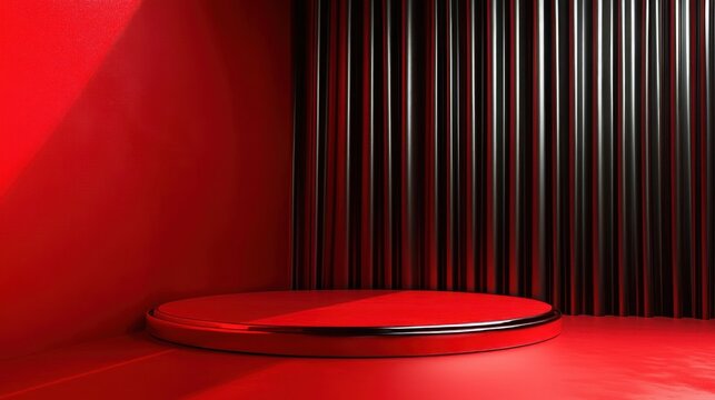 Neon Red Elegance in an Empty Room, showcasing a cosmetic product on a chrome and velvet podium, with bold vivid red and glossy black and silver highlights enhancing the display.