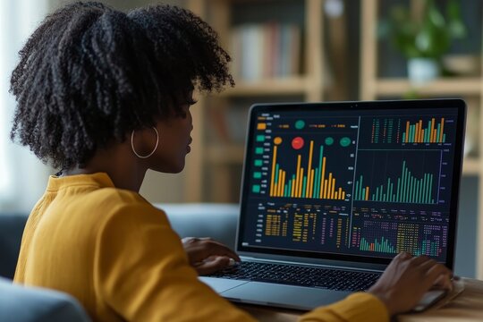 African American woman analyzing financial data on laptop screen, Generative AI