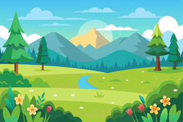 Fototapeta premium Serene Mountain Landscape with Lush Green Meadow and Stream