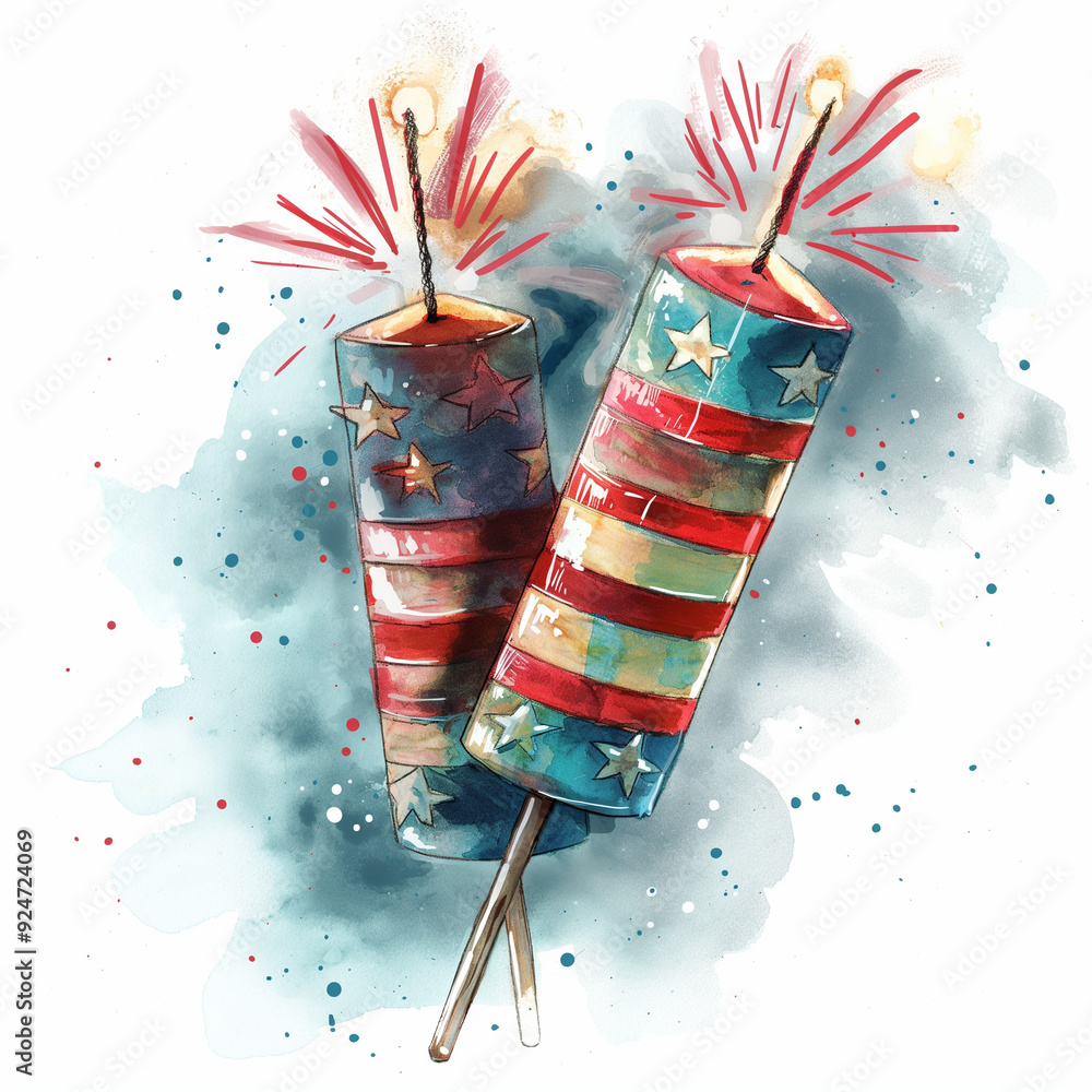 Wall mural Watercolor Firecrackers with American Flag Design, Festive Celebration Theme