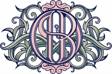 Ornate Floral Monogram with Intertwined Letters "A" and "B"