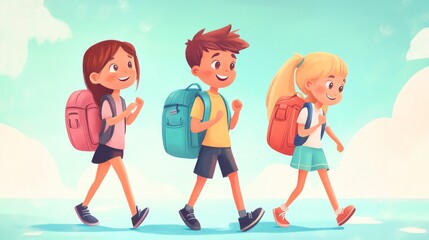Three joyful children with backpacks walk along a bright path, heading towards school. They are depicted in a colorful, animated style which captures their cheerful spirits and excitement.