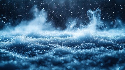 Fototapeta premium Mesmerizing Close-Up of Water Droplets in Motion with Sparkling Bokeh Effect Under Soft Blue Lighting, Capturing the Beauty and Fluidity of Water in a Dreamlike, Ethereal Atmosphere