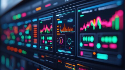Fototapeta premium Futuristic Digital Dashboard with Colorful Graphs and Charts Displaying Data Analytics in a High-Tech Environment