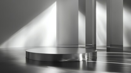Obraz premium Sleek Chrome Display in Minimalist Room, polished metal and glass showcase for cosmetic product, elegant podium with shiny silver surfaces and soft light reflections