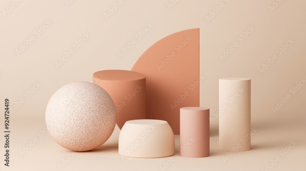 Poster a minimalist composition of geometric shapes in soft pastel colors, creating a serene and modern aes