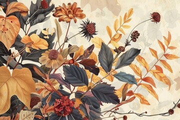 A banner that focuses on detailed botanical illustrations of autumn plants and flowers, offering a sophisticated and nature - inspired design