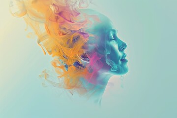 A woman's face is shown with a blue background and a yellow