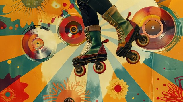 Groovy roller skating in vinyl wonderland closeup image. Skater with retro rollerskates soaring close up photography. Swirling records, psychedelic sunbursts concept photo realistic
