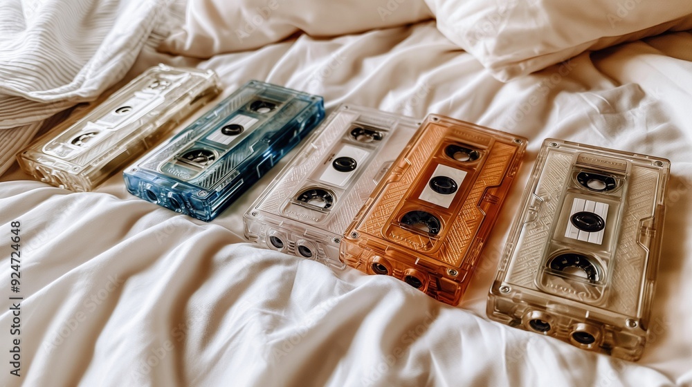Aufkleber array of transparent cassette tapes on soft bed closeup image. warm cozy setting. analog media. vint