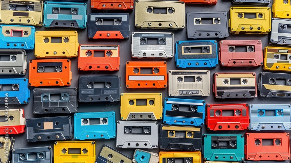 Poster overhead view of multicolored cassette tapes background image. retro music storage photo backdrop wa