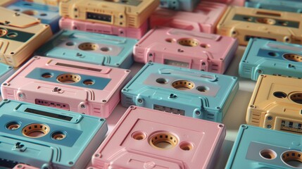 Soft and pastel-colored array of cassette tapes closeup image. Gentle and appealing palette casettes close up photography. Nostalgic audio. Old technology concept photo realistic