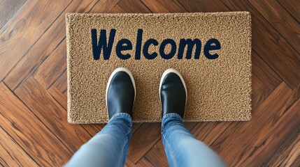 This image captures a 'Welcome' mat on a wooden floor with a pair of feet standing on it, evoking a sense of hospitality, homecoming, and warmth, perfect for illustrating entry spaces.