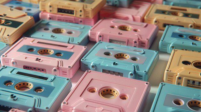 Soft and pastel-colored array of cassette tapes closeup image. Gentle and appealing palette casettes close up photography. Nostalgic audio. Old technology concept photo realistic