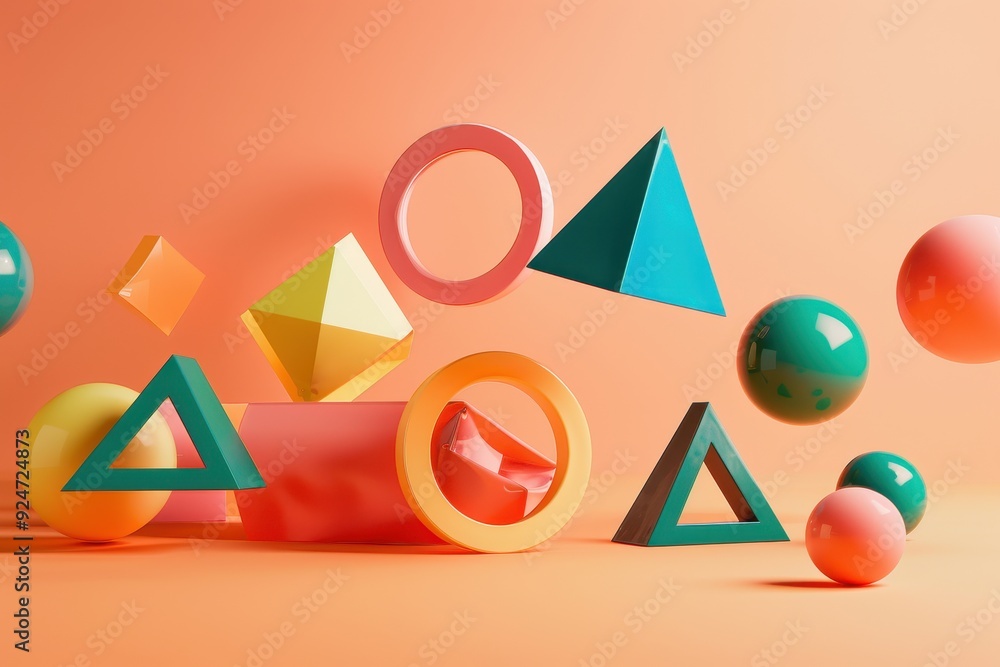 Poster a colorful array of geometric shapes and spheres are floating in the air