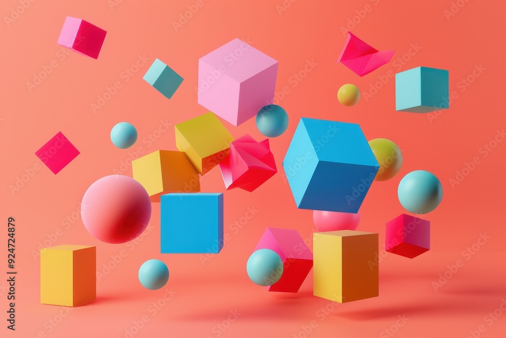 Poster a colorful array of geometric shapes and spheres are floating in the air