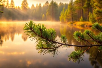 whispering pine branch solo serenity forest misty morning mist isolate misty atmosphere soft focus warm tones solitude wilderness calm reflective tranquility serene landscape