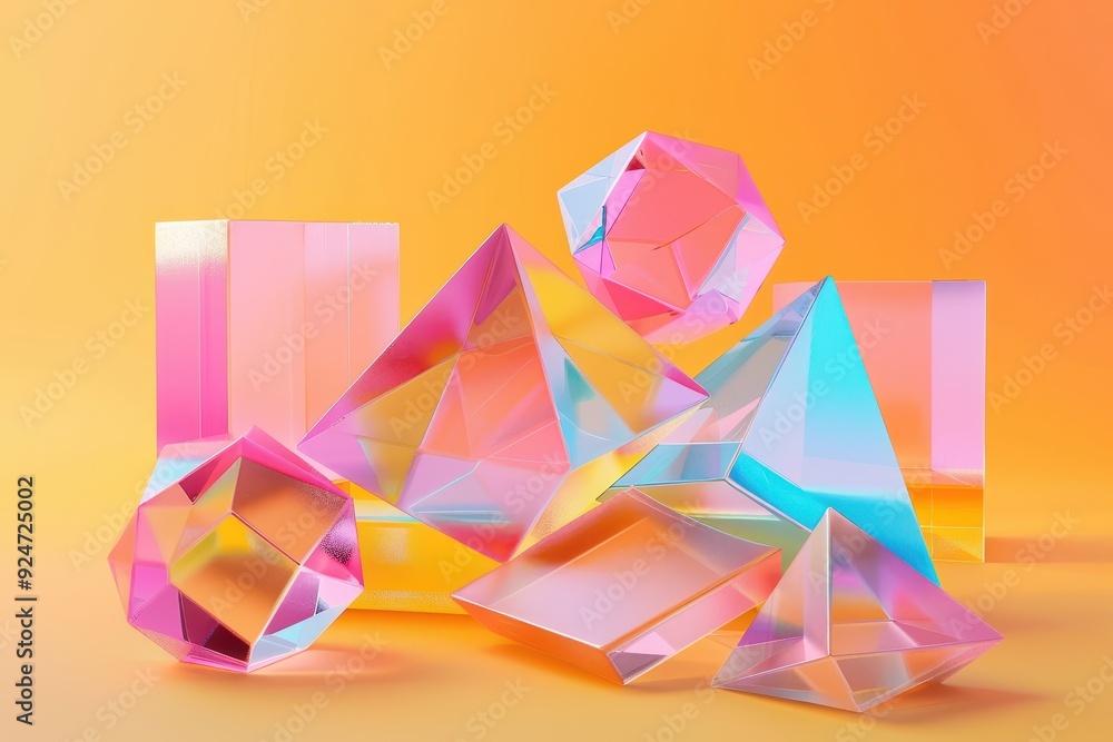 Poster a colorful array of geometric shapes and spheres are floating in the air
