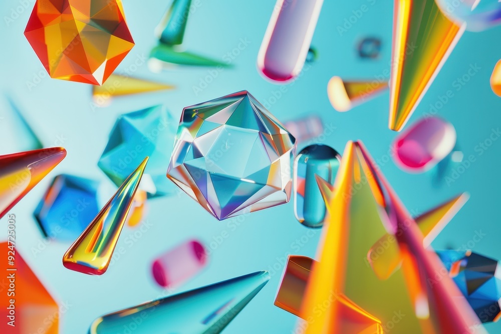 Poster a colorful array of geometric shapes and spheres are floating in the air