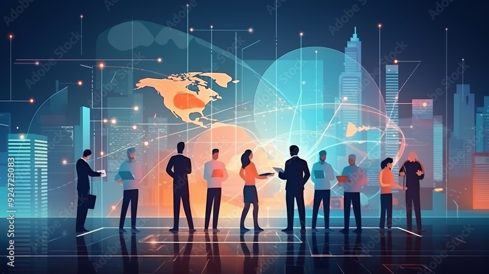 Poster a group of people are standing in front of a large map of the world