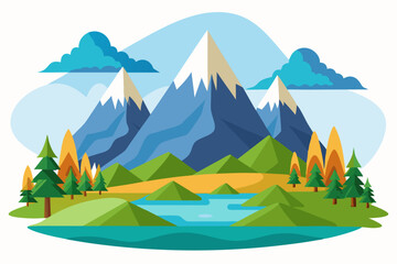 Snowy Mountain Range with a Winding River and Surrounding Trees