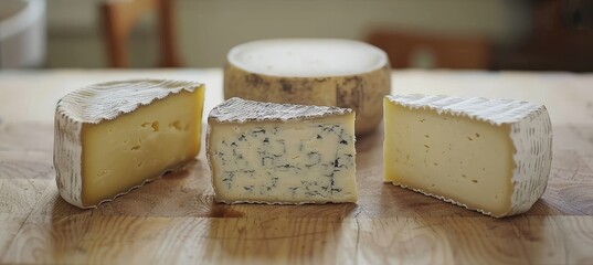 Artisanal Cheese Selection Three Wedges and a Wheel on a Rustic Wooden Cutting Board