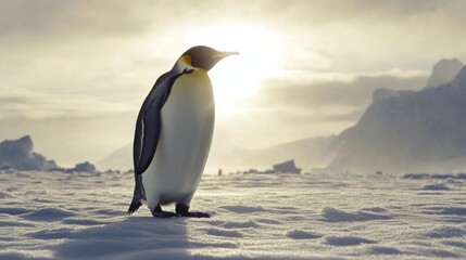 Fototapeta premium A majestic emperor penguin stands proudly in a snow-covered landscape. Soft sunlight glimmers in the background, creating a serene atmosphere. This image captures the beauty of nature. AI