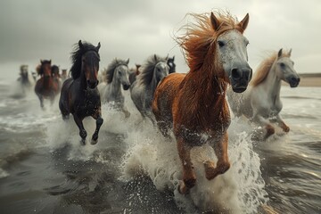 Horses galloping on the ocean shore.