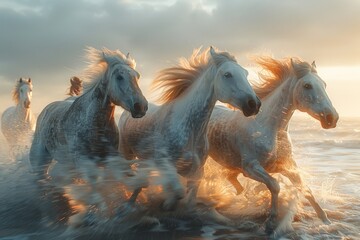 Horses galloping on the ocean shore.
