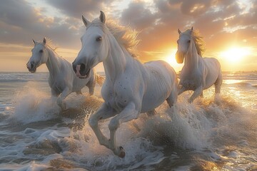 Horses galloping on the ocean shore.