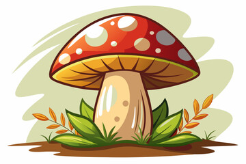 A Single Red-and-White Mushroom Growing in Grass and Leaves