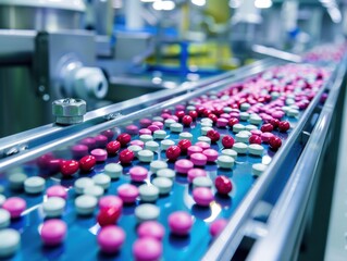 Obraz premium Capsules and tablets on a production line in a pharmaceutical manufacturing facility