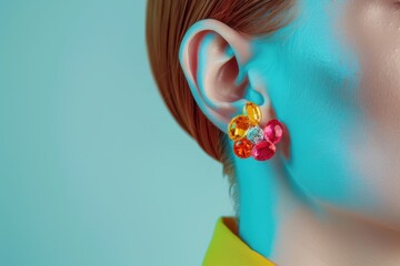 A woman wearing a yellow shirt and colorful earrings