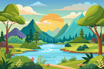 Fototapeta premium Serene Landscape with Mountains, River, and Sun
