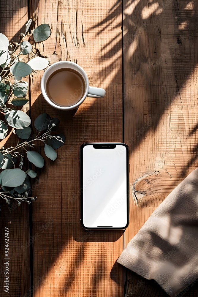Poster mobile phone on office table with notepad and coffee cup. smartphone white screen mockup for design.