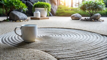 Zen Simplicity: Stone garden with raked gravel, white porcelain mug with minimal form