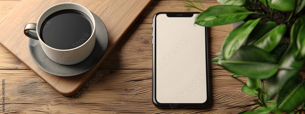 Poster mobile phone on office table with notepad and coffee cup. smartphone white screen mockup for design.